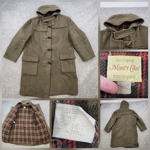 Vintage Monty Coat Womens 12 Large? Green Wool Duffle Toggle Hooded England 90s - Picture 1 of 16